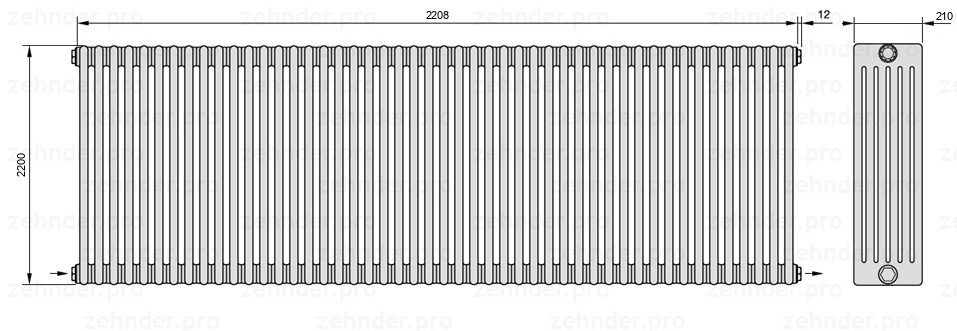 Схема (чертеж) Радиатор Zehnder Charleston 6220/48 №2670 Белый глянцевый RAL 9016